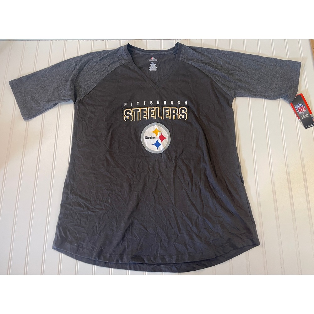 NWT Majestic NFL Pittsburgh Steelers Womens Plus 1X V-Neck Raglan T-Shirt Black